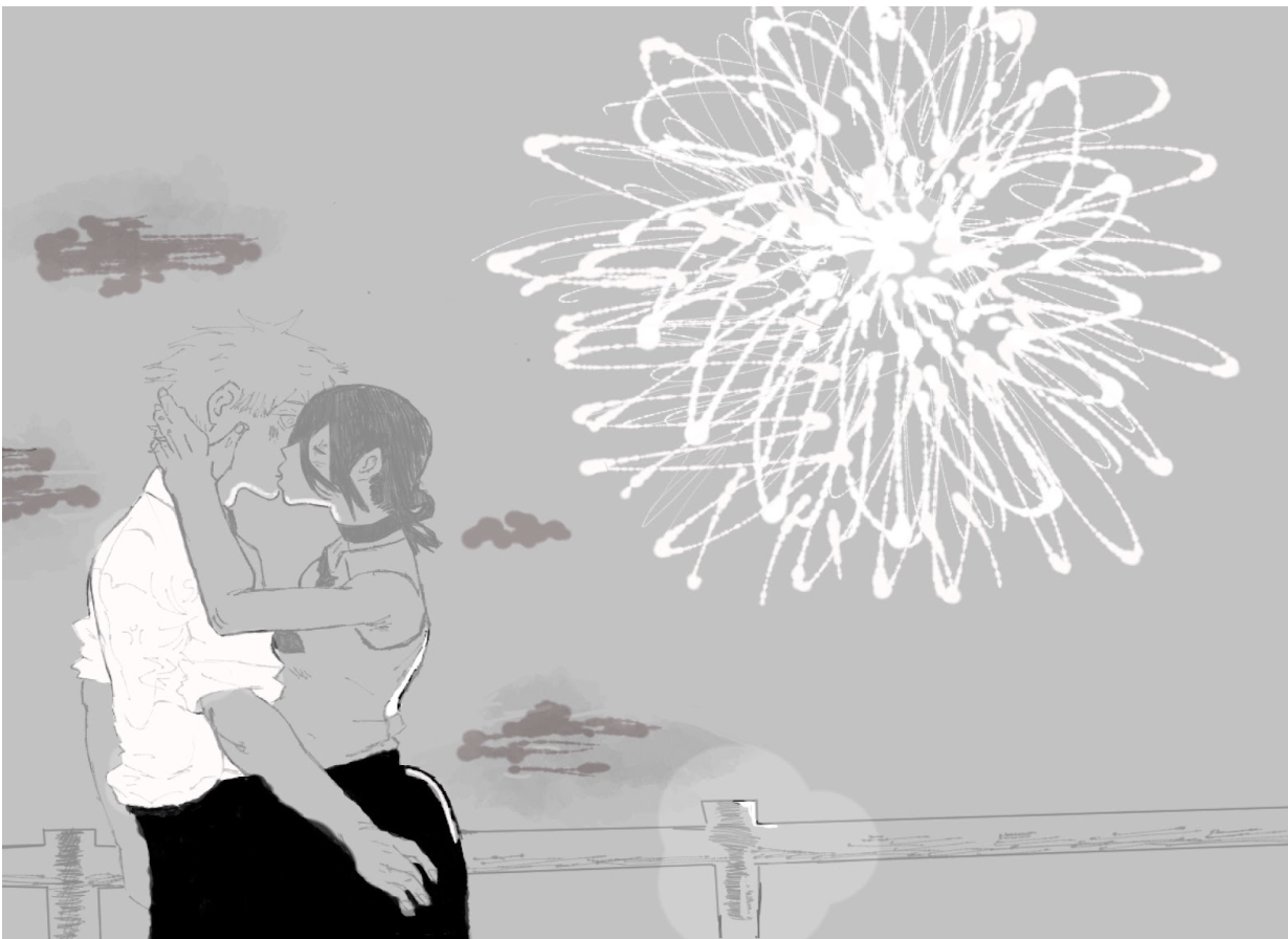 Original artwork of Reze kissing Denji during the festivals fireworks